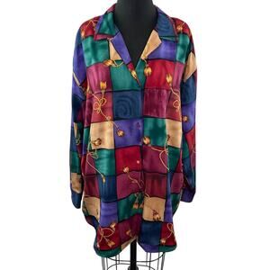 Vintage Le Caviar Multicolor Colorblock Golden Tassel Print Blouse VTG Plus 2X